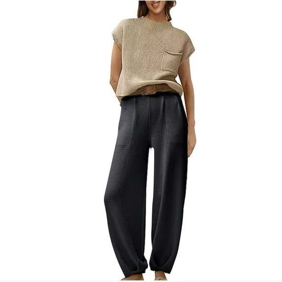 Baikeli Clearance Sets for Women 2 Piece Knit Sets for Women Trendy Sweatsuit Sets O-Neck Short Sleeve Tops Solid Color Pants Sweater Sets With Pockets 2 Piece Outfits