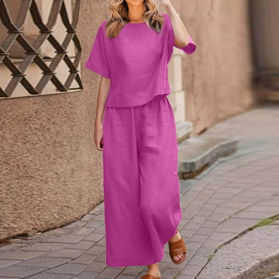Baikeli Clearance Suits for Women Two Piece Sets for Women Dressy Outfits Casual Short Sleeve Tops Wide Leg Pants Going Out Sets Cotton Linen Tracksuit Wide Leg Pant Set