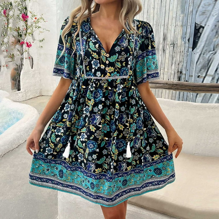 Baikeli Clearance Summer Dresses Summer Women s Casual Solid Color Round Neck Dress with Suspender Round Neck Dress Summer Dress Flowy