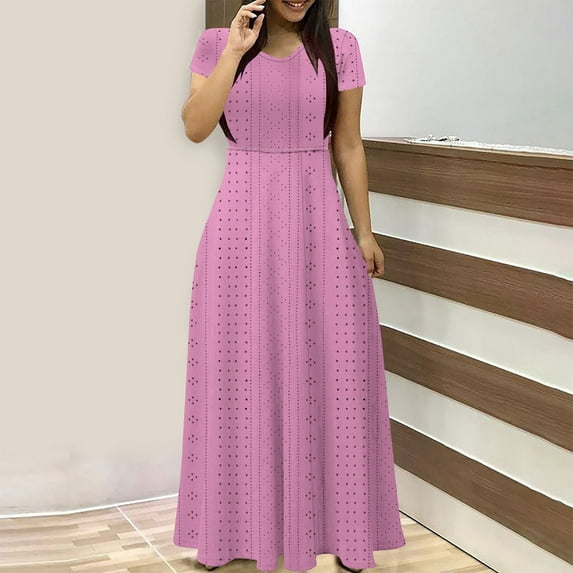 Baikeli Clearance Women's Dresses Women's Summer Solid Color Short Sleeved V-Neck Waistband Women's Long Dress Dresses for Women 2024