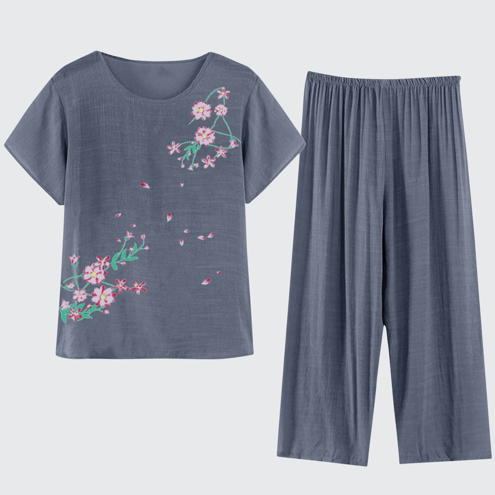 Clearance Womens 2 Piece Sets for Women Going Out Suits Flower Print Tops Elastic Waist Pants Plus Size Breathable Tracksuits Wide Leg Pants Sets Women 2 Piece Outfits