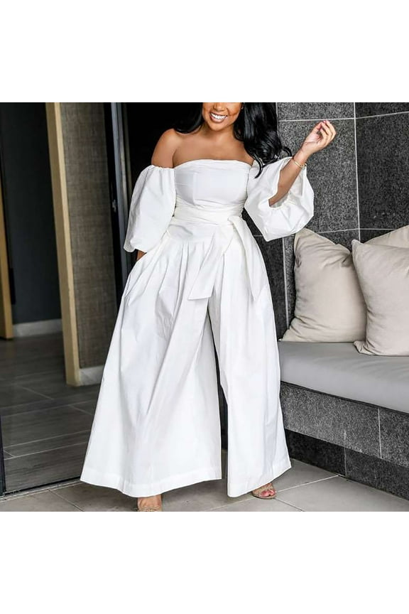 Clearance Womens Rompers Plus Size Jumpsuits for Women Dressy Casual Rompers off Shoulder Puff Sleeve Outfits Belted Tunic Overalls with Pockets Dressy Jumpsuits for Women 2024