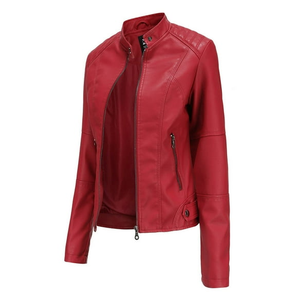 Baikeli Cropped Leather Jacket Women Slim Stand-Up Collar Zipper Coat Solid Color Open Front Jackets Moto Biker Coat