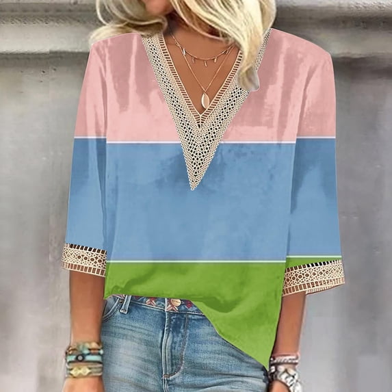 Baikeli Deals of The Day Today only Women's Printed Pullover V-Neck Lace T-Shirt With 4/3 Sleeves And 3/4 Sleeves Top Women Tops And Blouses