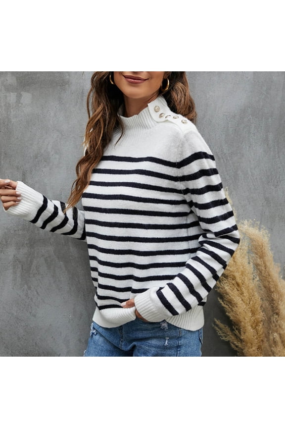 Fall Outfits For Women 2024, Women's Striped Knitted Sweater Recreational Long Sleeves Stand Collar Buttons Pullover Sweater Jersey Mujer Manga Larga