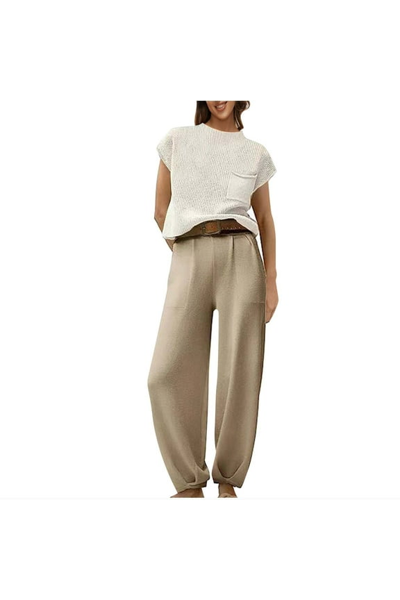 Free With Promo Codes 2 Piece Knit Sets for Women Trendy Sweatsuit Sets O-Neck Short Sleeve Tops Solid Color Pants Sweater Sets With Pockets Travel Outfits for Women
