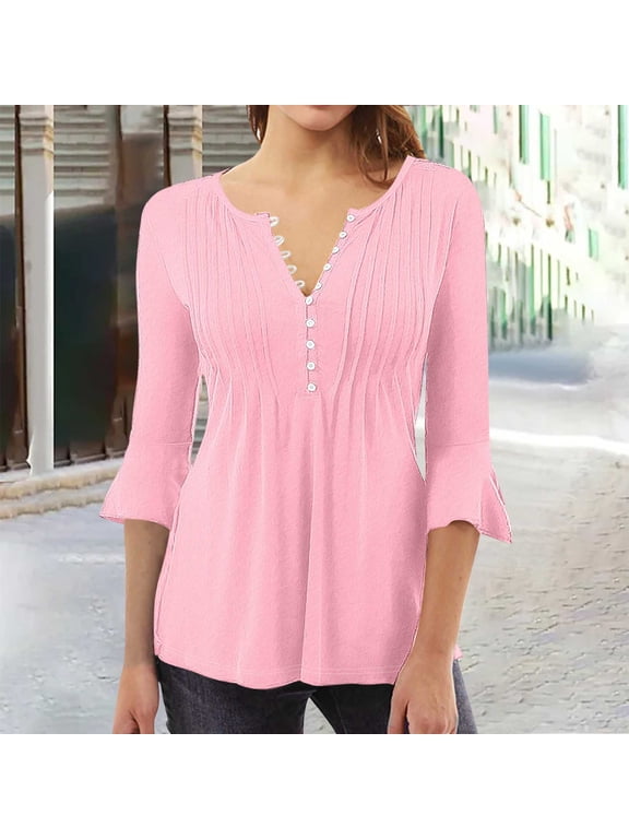 Free with Promo Codes 3/4 Flare Sleeve Tops for Women 2024 Summer Casual T-Shirts Solid Color Blouses Plus Size Button Shirts V-Neck Pullover 3/4 Sleeve Dresses for Women 2024
