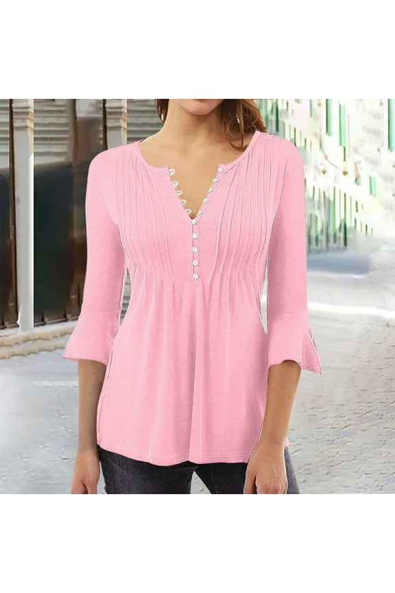 Free with Promo Codes 3/4 Flare Sleeve Tops for Women 2024 Summer Casual T-Shirts Solid Color Blouses Plus Size Button Shirts V-Neck Pullover 3/4 Sleeve Dresses for Women 2024