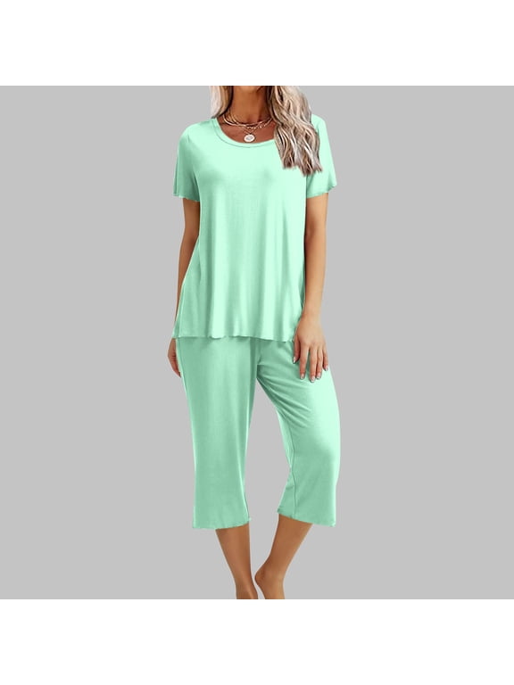 Free with Promo Codes Lounge Sets for Women Two Piece Going Out Suits Short Sleeve O-Neck Tops Casual Yoga Pants Solid Color Pajama Sets Pants Suit for Women Dressy Casual