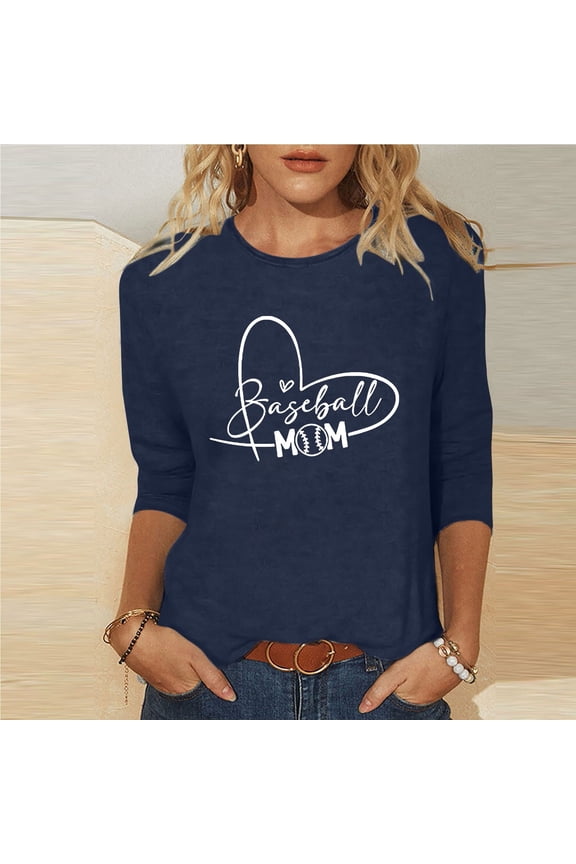 Free with Promo Codes Mother'S Day 3/4 Sleeve Tops for Women Round Neck Daily Shirts Casual Letter Printed Blouses Relaxed Fit Pullover Women 3/4 Sleeve Tops And Blouses