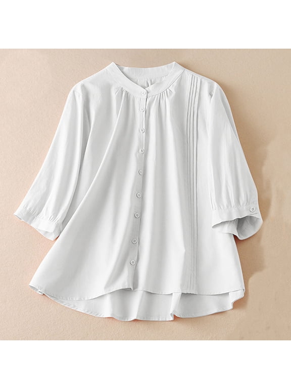 Free with Promo Codes Summer Tops for Women 2024 Solid Color Shirts 3/4 Sleeve Tops Loose Round Neck Pullover Cotton Linen Blouses Womens 3/4 Sleeve Tops Casual