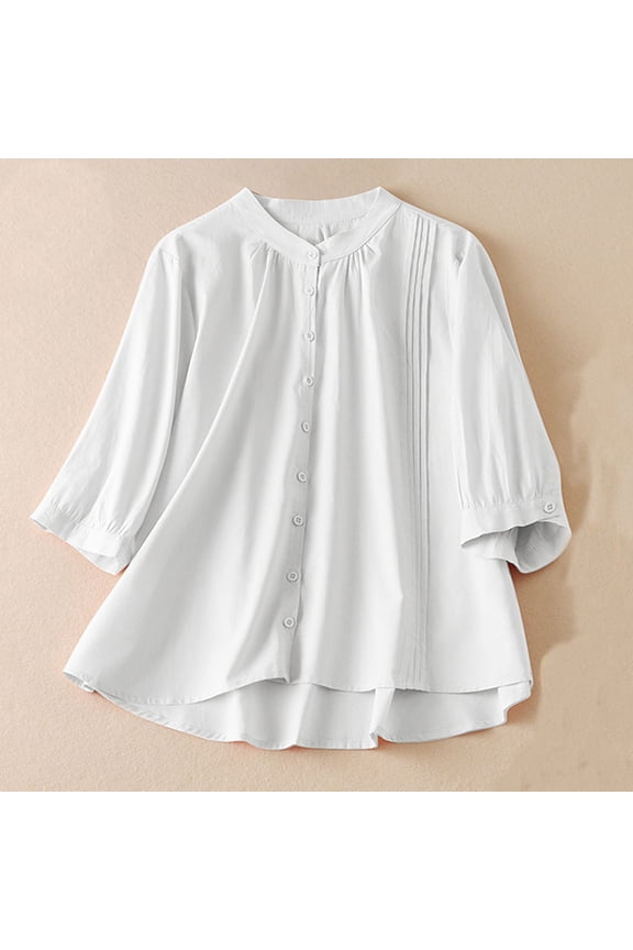 Free with Promo Codes Summer Tops for Women 2024 Solid Color Shirts 3/4 Sleeve Tops Loose Round Neck Pullover Cotton Linen Blouses Womens 3/4 Sleeve Tops Casual