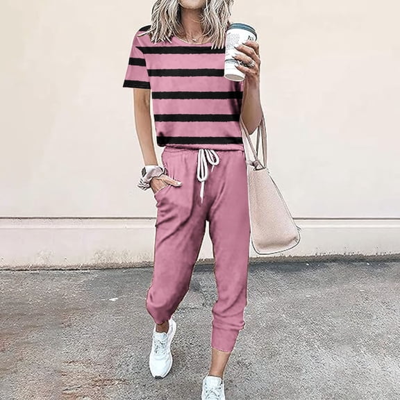 Baikeli Free With Promo Codes Two Piece Outfits for Women 2024 Summer Suits Striped Tops Drawstring Waist Pants Jogger Sets With Pockets Travel Clothing Set for Women