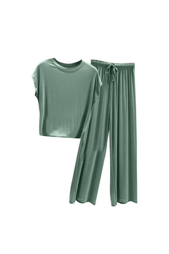 Free With Promo Codes Women's Summer Slim Oversized Casual Loose Round Neck Versatile Slimming Pajama Set Wide Leg Pants Sets Women 2 Piece Outfits