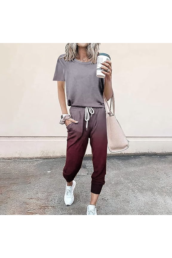 Free With Promo Codes Workout Sets for Women 2 Piece Short Sleeve Tops Drawstring Long Pants Jogger Tracksuit Summer Casual Sports Set Womens Spring Sets 2 Piece Outfits