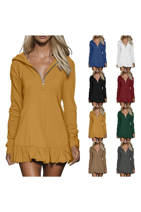 Hoodie Dress for Women Long Sleeve Quarter Zip Mini Dresses V-Neck Ruffle Hem Sweatshirt Dress Gray XL