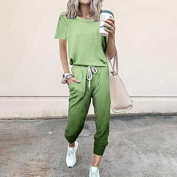 Summer Saving Clearance! Baikeli Ladies Suits Clearance Workout Sets for Women 2 Piece Short Sleeve Tops Drawstring Long Pants Jogger Tracksuit Summer Casual Sports Set Wide Leg Pants Set