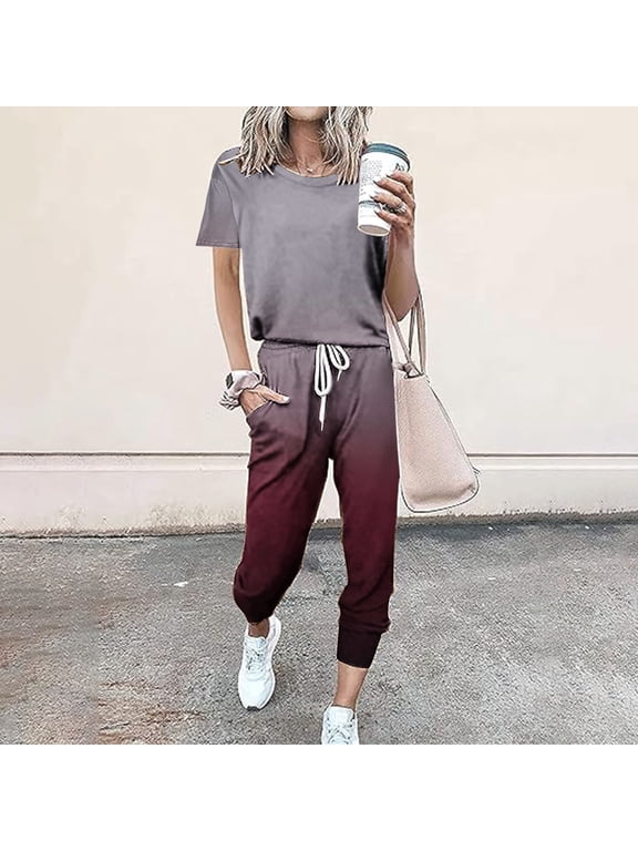 Ladies Suits Clearance Workout Sets for Women 2 Piece Short Sleeve Tops Drawstring Long Pants Jogger Tracksuit Summer Casual Sports Set Women's Matching Set Outfits
