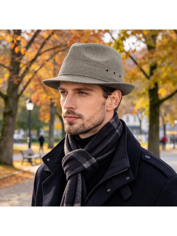 Men's Solid Felt Fedora Trilby Hat with Band, Smooth Structured Brim Winter Dress Cap for Suits Coats Casual Events
