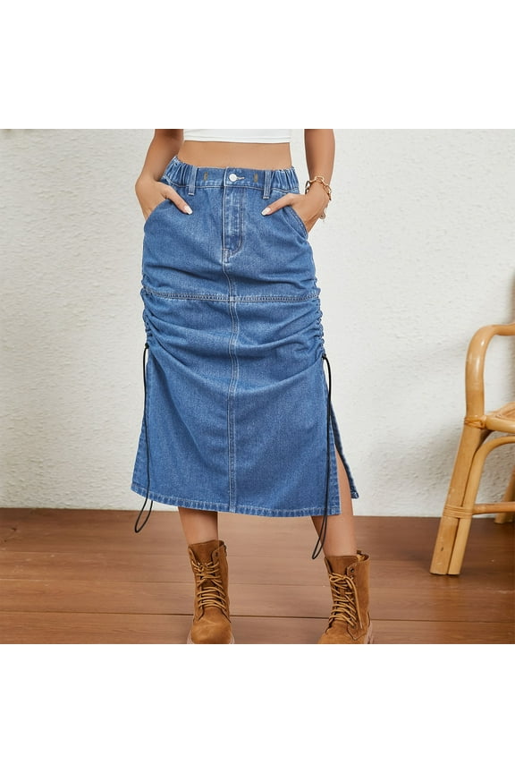 Summer Saving Clearance 2024! Baikeli Popular Dresses for Women 2024 Women's Fashion Solid Color Elastic Waist Slit Cowboy Skirt Womens Dressas