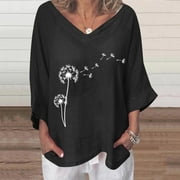 Baikeli Prime Clearance Items Today only Summer Tops for Women 3/4 Sleeve Shirts Plus Size Vneck Blouses Dandelion Print T-Shirts Cotton Linen Pullover Womens 3/4 Sleeve Tunic Tops