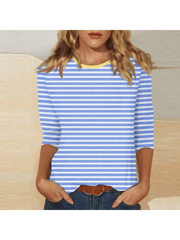 Prime Try Before Buy Women Fashion Women's Striped Printed Blouses Three-Quarter Sleeve T-Shirt Round-Neck Top Tops for Women Trendy 3/4 Sleeve