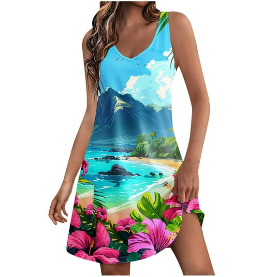 Baikeli Sale Dresses for Women Women's Summer Comfort Fashion Printing Pocket Sleeveless V-Neck Dress Beach Dresses for Women 2024 Vacation