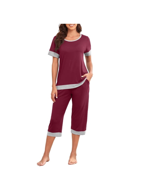 Spring Sale 2024 Two Piece Outfits for Women Summer Suits Short Sleeve O-Neck Tops Comfort Slim Fit Capris Going Out Setswith Pockets Womens 2 Piece Outfits Casual