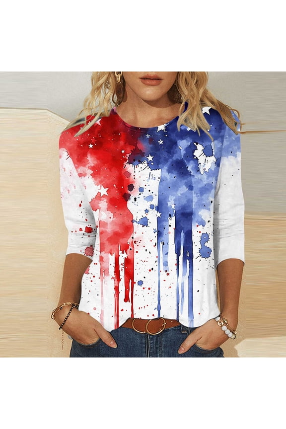 Spring Sale 2024 Women's Independence Day Fashion Printed Round Neck 3/4 Sleeve T-Shirt Top 3/4 Sleeve Dresses for Women 2024