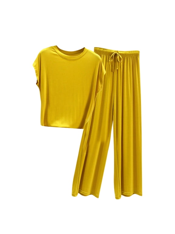 Spring Sale 2024 Women's Summer Slim Oversized Casual Loose Round Neck Versatile Slimming Pajama Set Womens Outfits 2024