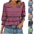 thumbnail image 1 of Baikeli Summer Blouses for Women Trendy Striped 3/4 Sleeve V Neck Tops Loose Fit Three Quarter Length Pullover Tees Liquidación Prime Today Red S, 1 of 5