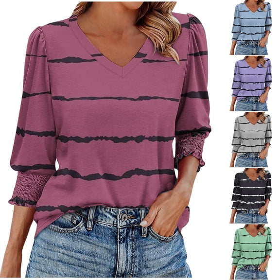 Baikeli Summer Blouses for Women Trendy Striped 3/4 Sleeve V Neck Tops Loose Fit Three Quarter Length Pullover Tees Liquidación Rebajas Hoy Black S
