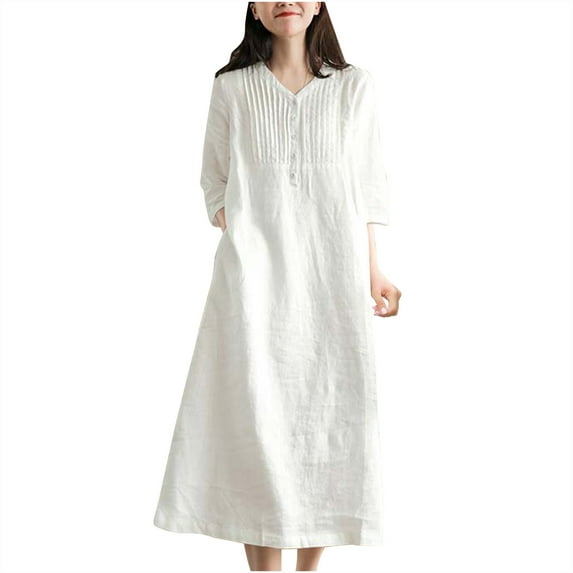 Baikeli Summer Clearance Dresses Women's Summer Comfort Fashion Solid Color Pocket Button V-Neck Dress Summer Dress