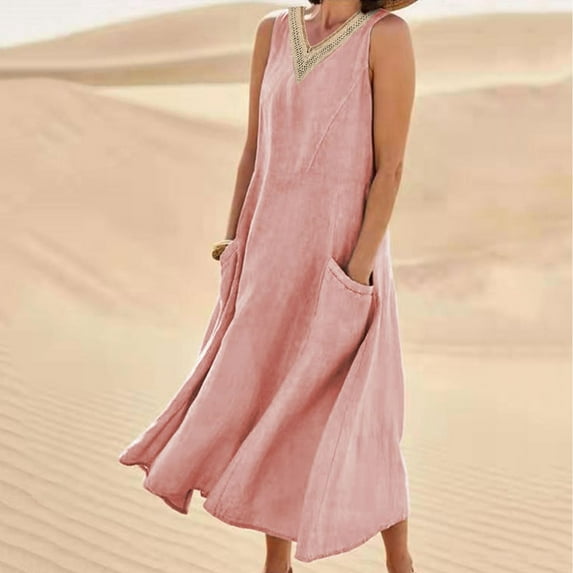 Baikeli Summer Dresses for Women 2024 Women's Summer V Neck Lace Fashion Casual Solid Color Sleeveless Cotton Linen Long Dress Dresses for Women