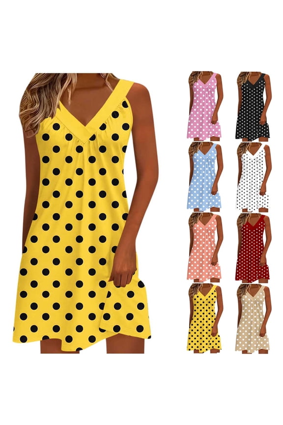 Summer Dresses for Women Sleeveless Polka Dot Mini Dress Beach Vacation Sundresses Pleated V Neck Casual Tank Dress Khaki S