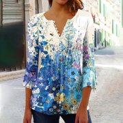 Baikeli Summer Saving 2024 3/4 Flare Sleeve Tops for Women 2024 Summer T-Shirts Casual Button Blouses Relaxed Fit Pullover Loose V-Neck Shirts White Tops for Women