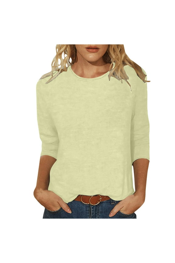 Summer Saving 2024 Casual Tops for Women 3/4 Length Sleeve Tops Cute Solid Color Blouses Round Neck T-Shirts Relaxed Fit Pullover Casual Shirts for Women Trendy