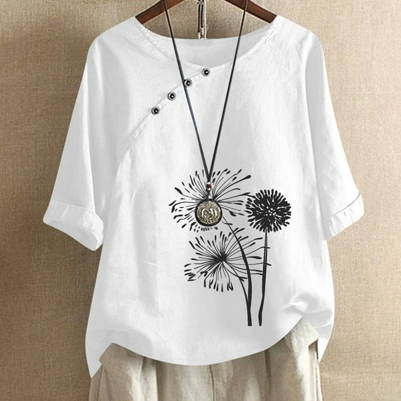 Baikeli Try Before Buy Womens Tops Women's 3/4 Length Sleeve Tops 2024 Summer Daily Pullover Casual Dandelion Print T-Shirts Loose V Neck Blouses Womens Blouses And Tops