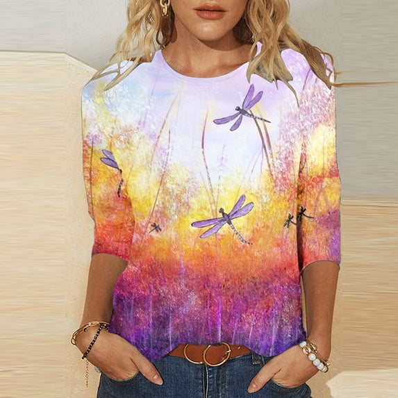 Baikeli Woman Shirts Clearance Sale Summer Shirts for Women 3/4 Sleeve Tops Trendy Crewneck Blouses Casual Pattern Printed Pullover Relaxed Fit Tee Elbow Sleeve T Shirts