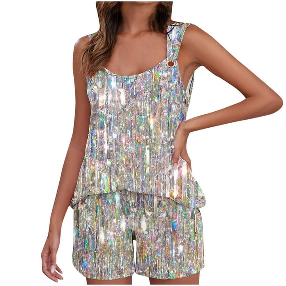 Baikeli Women Sets Summer Clearance Women's Summer Thin Casual Loose Suspender Top Versatile Home Slim Solid Color Splicing Suspender Shorts Two-Piece Set Travel Clothing