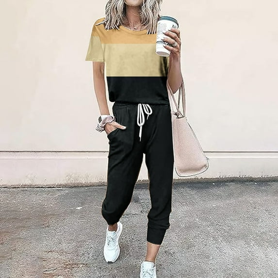 Baikeli Women Suits Clearance Two Piece Outfits for Women Plus Size Suits Fitted Crew Neck Tops High Waist Pants Matching Tracksuit With Pockets Summer Two Piece Sets for Women 2024