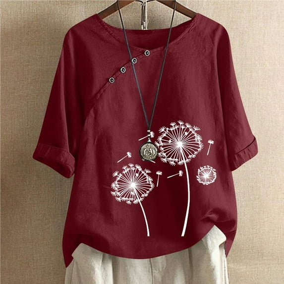 Baikeli Women's Clearance Women's 3/4 Length Sleeve Tops 2024 Summer Daily Pullover Casual Dandelion Print T-Shirts Loose V Neck Blouses Spring Tops for Women 2024