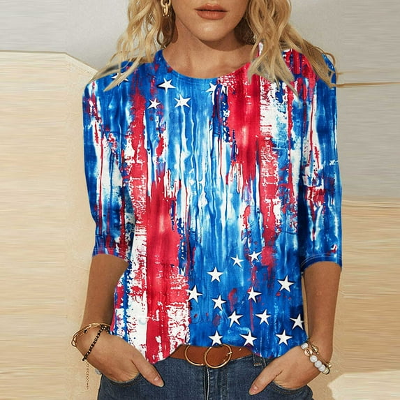 Baikeli Women's Shirts Clearance Women's Independence Day Fashion Printed Round Neck 3/4 Sleeve T-Shirt Top Womens Tops 3/4 Sleeve