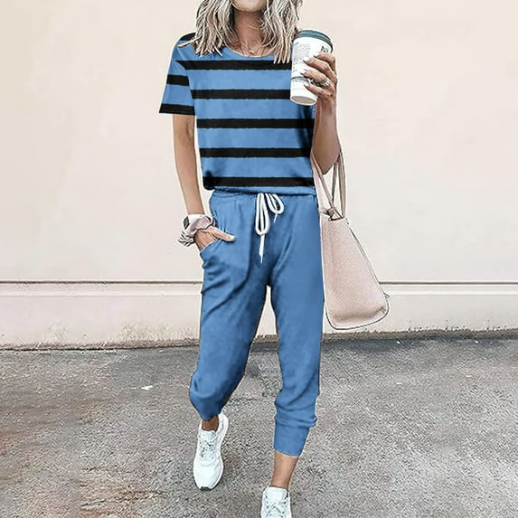 Baikeli Women's Suits Clearance Two Piece Outfits for Women 2024 Summer Suits Striped Tops Drawstring Waist Pants Jogger Sets With Pockets Womens 2 Piece Outfits Casual