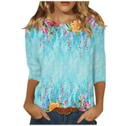 Baikeli Women's Tops Clearance Sale Summer Shirts for Women 2024 3/4 Sleeve Tops Trendy O-Neck Blouses Casual Plus Size Pullover Floral Print T-Shirts Womens 3/4 Sleeve Tops