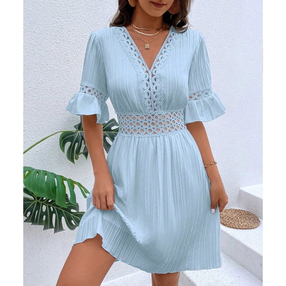 Baikeli Womens Dresses Clearance Sale Women's New Summer Patchwork Lace Fashionable V-Neck Waist Cinching Solid Color Dress Summer Dresses 2024