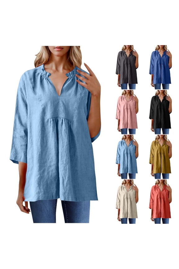 Womens Oversized Cotton Linen T-shirts 3/4 Length Sleeve Split V Neck Tops Summer Casual Loose Fit Blouse Tees Liquidación Hoy Prime Blue L