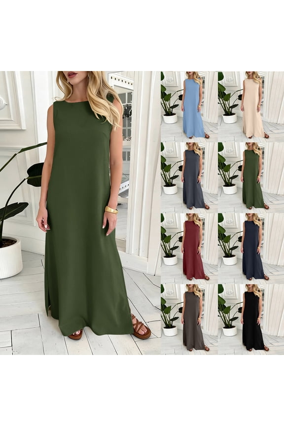 Womens Plus Size Dresses Sleeveless Side Slit Maxi Dress Summer Casual Dresses Linen Beach Tank Dress Dark Gray S