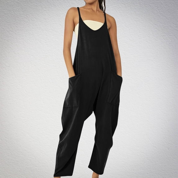 Baikeli Womens Rompers Deals Casual Rompers for Women 2024 Summer Jumpsuits Sleeveless Outfits Ribbed Spaghetti Strap Overalls with Pockets Womens Casual Overalls