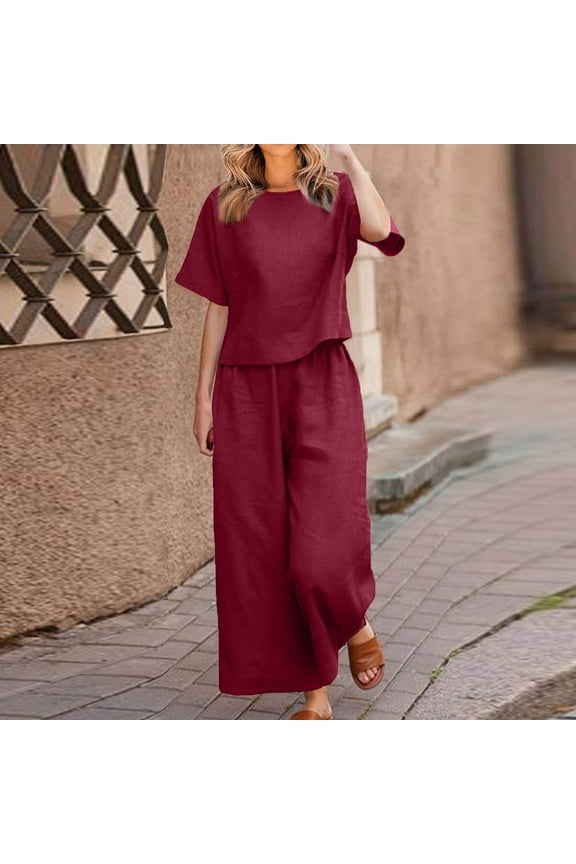 Womens Sets Casual Clearance Two Piece Sets for Women Dressy Outfits Casual Short Sleeve Tops Wide Leg Pants Going Out Sets Cotton Linen Tracksuit Womens Outfits 2024